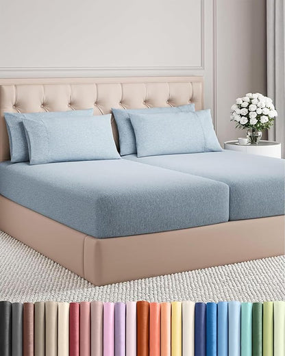 Split King Sheets Set 7 Piece - Includes 4 Pillowcases - Bed Sheets Split King - Soft Hotel Luxury Bedding - Cooling & Breathable - 1 Flat & 2 Fitted & 4 Pillowcases w/ Deep Pockets - Heathered Blue