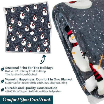 PAVILIA Premium Christmas Sherpa Throw Blanket, 60x80, Grey Snowman Cozy Fleece Holiday Blanket, Reversible Plush Winter Throw for Couch & Bed, Ultra Soft Warm Christmas
