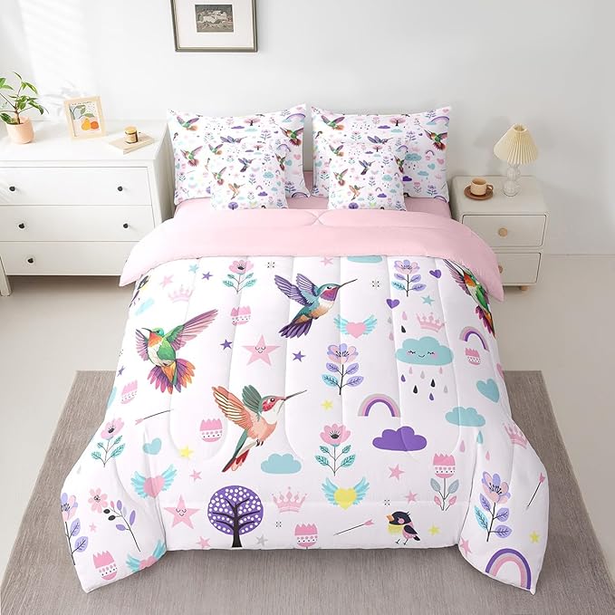 Erosebridal Girls Floral Hummingbird Bedding Set Twin Size 7 Piece Bed in A Bag Cartoon Animal Comforter Set for Kids Teens Super Soft All Season for Bedroom,Cute Flower Reversible Bed Sets