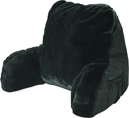 Plush Faux Fur Backrest Reading Bed Rest Pillow with Arms and Pockets for Sitting in Bed Couch Sofa, Back Support Wedge Cushion with Removable Cover, 20" x 18" x 17", Black
