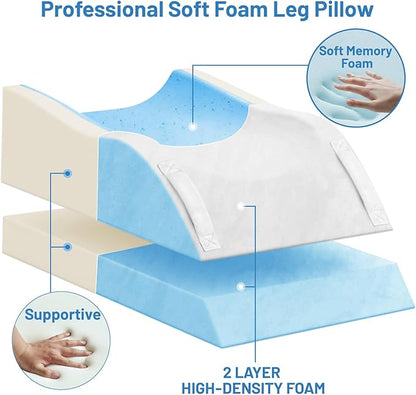 Double Leg Elevation Pillows, Wedge Pillow for After Surgery, Memory Foam Support Adjustable, Comfort Care for Back Knee Hip Ankles Pain, Knee Pillow for Sleeping Blood Circulation Light Blue & White