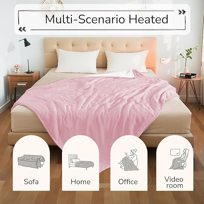 Electric Heated Blanket Queen Size 84"x90" - Dual-Sided with Microplush & Sherpa Fabric, 4 Heat Settings & 10 Hours Auto Off, Dual Controller, Machine Washable - Light Pink
