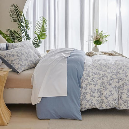Jane yre King Duvet Cover Floral Soft Brushed Microfiber Crinkle Gauze Fabric 3 Pieces Bedding Set King, Garden Style Blue Pattern King Size Flower Duvet with Zipper Closure, Luxury Breathable Comfy