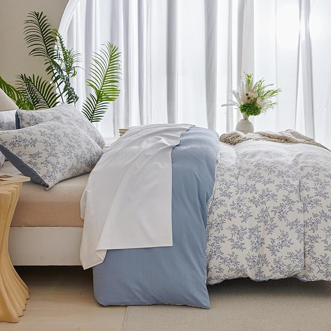King Duvet Cover Set Floral Luxury Soft Brushed Microfiber Crinkle Gauze Fabric 3 Pieces Bedding Set Flower Pattern Duvet Cover King with Zipper Closure Breathable Comfy