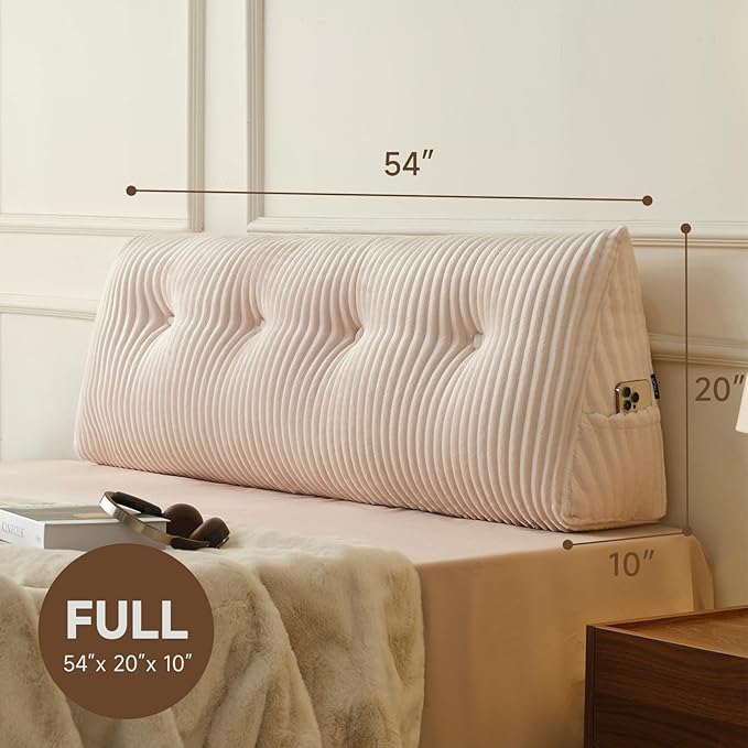 Z-hom Full Headboard Pillow, Triangular Wedge Reading Pillow for Bed or Sofa, Ergonomic Backrest Cushion for Sitting Up, Reading or Relaxing, with Side Pocket，Removable Washable Cover,Beige Cream
