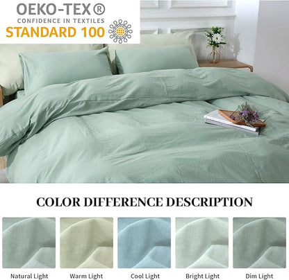 NEXHOME PRO Green Duvet Cover Set Oversized Queen 98"x98" Linen Feel Textured Organic Natural 100% Washed Cotton Duvet Cover 3 Pieces Bedding Set Zipper Closure, Breathable, Soft (No Comforter)