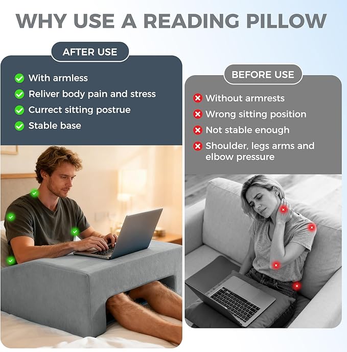 Reading Pillow for Gaming Lap Desk Pillow for Laptop Memory Foam Bed Desk for Reading Working Crocheting Gaming Arm Rest on Bed/Sofa/Floor/Couch/Car(Grey)