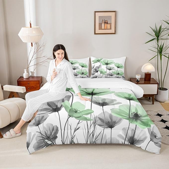 Erosebridal Green Floral King Comforter Set,Green and Gray Flower Bedding Sets for Kids Girls Women,Vintage Flowers Country Bed Set,Boho Wildflower Room Decor with 2 Pillowcases,Breathable