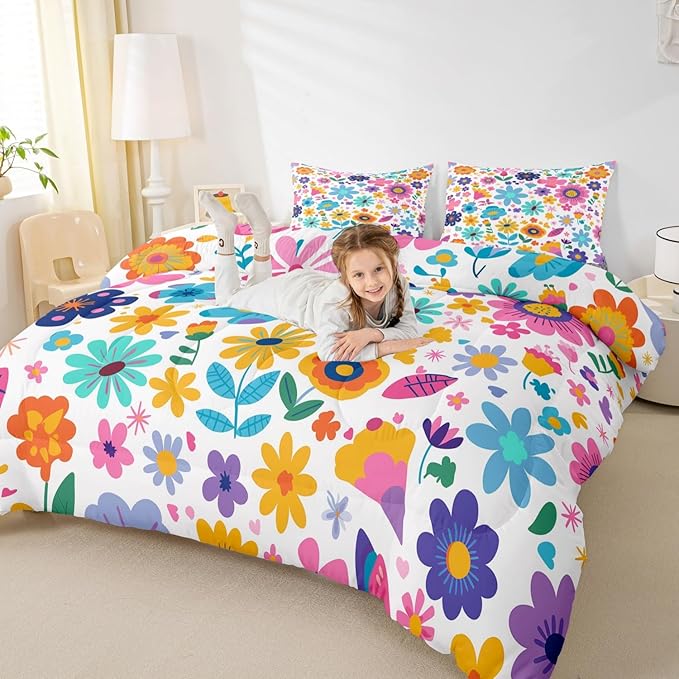 Erosebridal Cute Floral King Bedding Set for Girls Kids,Boho Flower Wildflower Comforter Set,Yellow Teal Pink Floral Bed Set Country Spring Flowers Kawaii Bedroom Decor with 2 Pillowcases