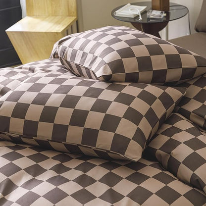 Wellboo Brown Plaid Comforter Set King Size Dark Brown and Cream Coffee Checkerboard Grid Bedding Comforters Cotton Women Men Modern Taupe Checkered Geometric Quilts Soft Luxury Brown Abstract Bed