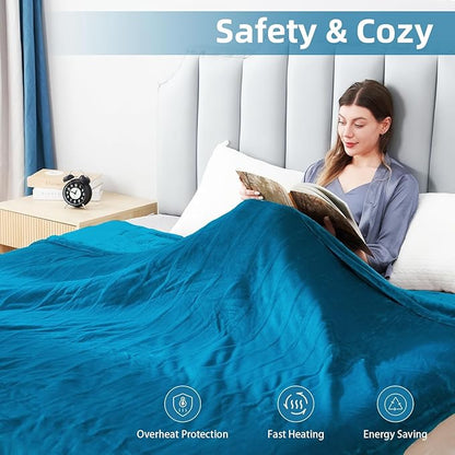 Electric Heated Blanket Queen Size 84"x 90",Dual Control Super Cozy Soft Flannel with 5 Heat Levels &10 Hours Auto Off, Home Office Use & Machine Washable, Teal/Blue Green