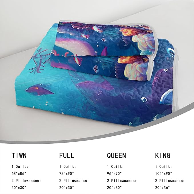 AILONEN Cartoon Axolotl Quilt Set Twin Size,Underwater World Ocean Animal Bedspread Coverlet,3Pcs Pink Axolotl Printed Kawaii Quilt & 2 Pillowcases,Soft Lightweight