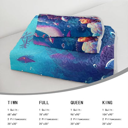 AILONEN Cartoon Axolotl Quilt Set Twin Size,Underwater World Ocean Animal Bedspread Coverlet,3Pcs Pink Axolotl Printed Kawaii Quilt & 2 Pillowcases,Soft Lightweight