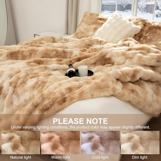 Faux Fur Electric Blanket Queen Size 84"X90" - Bubble Faux Fur Heated Blanket Fluffy Soft Fuzzy with 6 Fast Heating Levels & 10 hrs Timer Settings, Washable & ETL Certified for Bed, Tie-Dye Beige