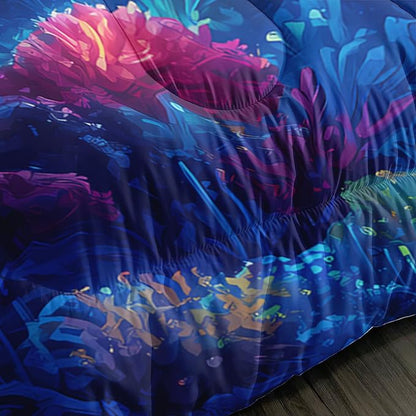 Fantasy Jellyfish Comforter Queen Bedding Sets for Girls Kids Toddlers,Coral Starfish Ocean Theme Bedroom Decor,Blue Underwater World Bedding Sets with 2 Pillowcases.