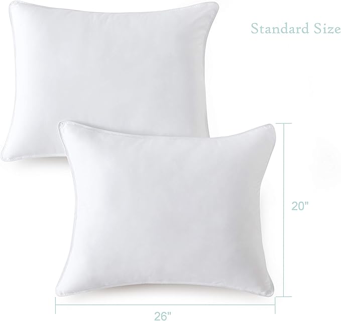 Seward Park Bed Pillow Standard Size Set of 2, Shams Insert 20 x 26 inch, Down Alternative Cooling Pillows for Stomach, Side or Back Sleeper