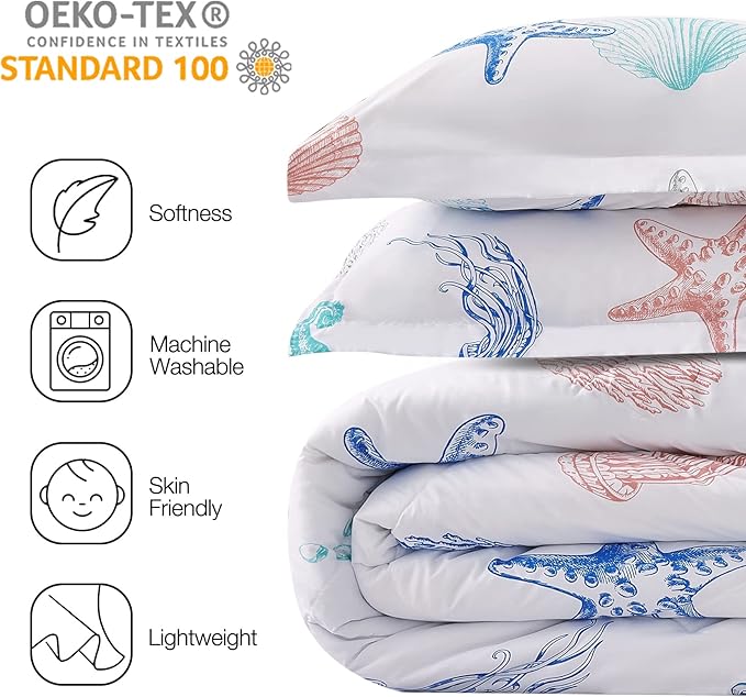 JSD Beach Theme Kids Comforter Set Queen Size, Jellyfish Starfish Summer Printed Comforter with Pillow Sham, Machine Washable