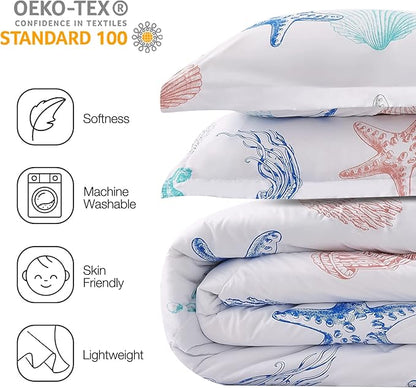 JSD Beach Theme Kids Comforter Set Queen Size, Jellyfish Starfish Summer Printed Comforter with Pillow Sham, Machine Washable