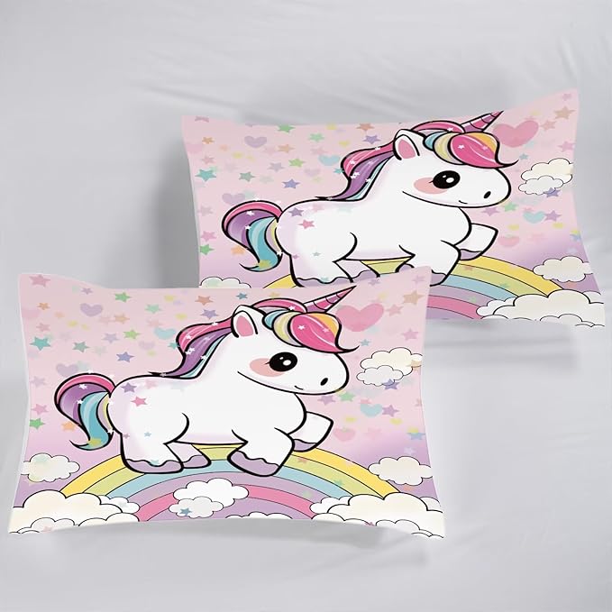 Unicorn Sheets Set Twin: Cartoon Pink Rainbow Unicorn Bedding for Kids Girls Teens Bedroom Bed - 1 Flat Sheet, 1 Fitted Sheet, 1 Pillowcase