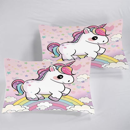 Unicorn Sheets Set Twin: Cartoon Pink Rainbow Unicorn Bedding for Kids Girls Teens Bedroom Bed - 1 Flat Sheet, 1 Fitted Sheet, 1 Pillowcase
