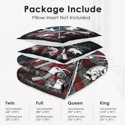 King Size Comforter Set with 2 Pillowcase, Hunting Fishing Hunter Soft 3 Pcs Bedding for Kids and Adults, Vintage Animal Retro Comforter Set for Room Bedroom Bed Decor
