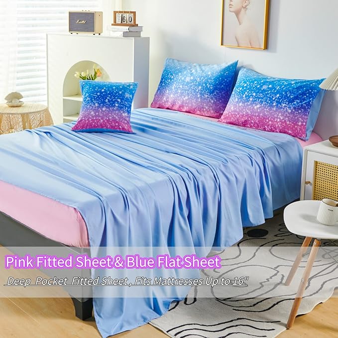 RYNGHIPY 6Pcs Sparkle Gradient Glitter Comforter Sets, Ombre Indigo Pink Gradient Bedding Set for Boys Girls, Rainbow Bed in A Bag Twin Size