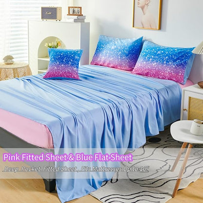 RYNGHIPY 6Pcs Sparkle Gradient Glitter Comforter Sets, Ombre Indigo Pink Gradient Bedding Set for Boys Girls, Rainbow Bed in A Bag Twin Size