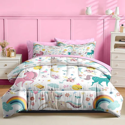 Nesker 5 Pcs Comforter Set Twin Size, Cute Colorful Unicorns Bedding Set for Kids Teen, Cloud Rainbow Bed Sheet with Pillowcase & Sham