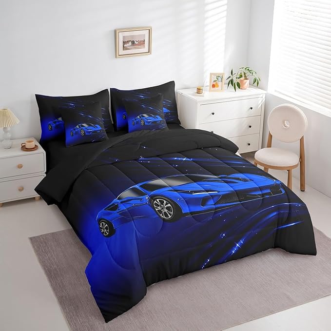 Feelyou Boys Blue Race Car 7 Piece Bedding Set King Size Speed Sports Car Comforter Set with Sheets for Kids Teens Adult Fast and Furious Bed in a Bag Blue Ombre Bed Set