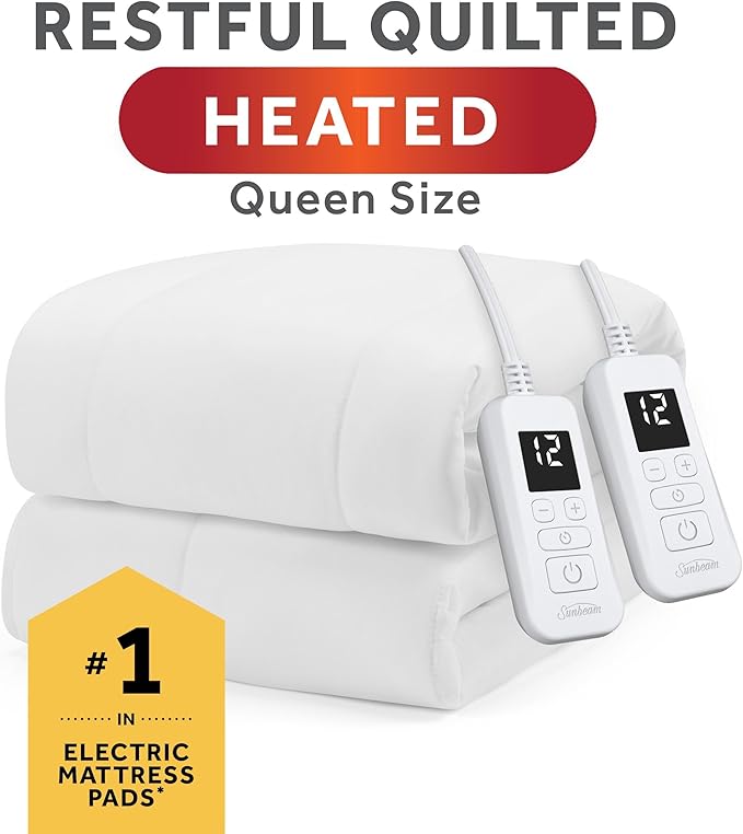 Sunbeam Electric Heated Mattress Pad Restful Quilted Extra-Cozy Fabric 12 Heat Settings 12-Hour Auto Shut-Off Deep Pocket Fit Machine Washable Queen 80" x 60"
