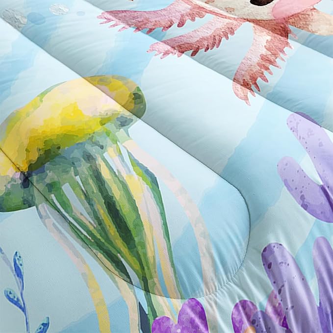 Kawaii Axolotl Ocean Comforter 3Pcs Twin Salamander Hippocampus Marine Animal Jellyfish Fish Bedding Set for Kid Boy Girl Teen Adult Coral Starfish Bed Decor with 1 Comforter and 2 Pillowcases