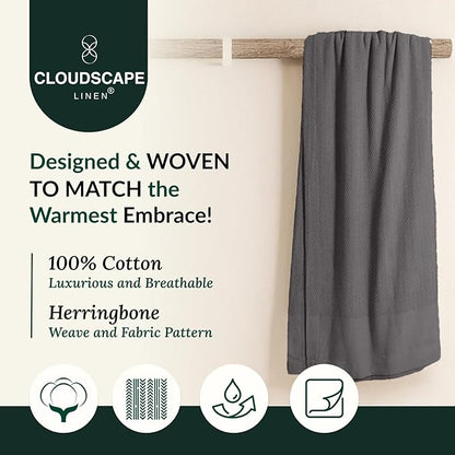 Cloud Scape Linen Herringbone Cotton Twin Blanket for Couch, Bed,Sofa, Home Decor, Soft, Weighted, All-Season, Winter Bed Blanket, Best Gift Idea, 68 x92, Dark Grey