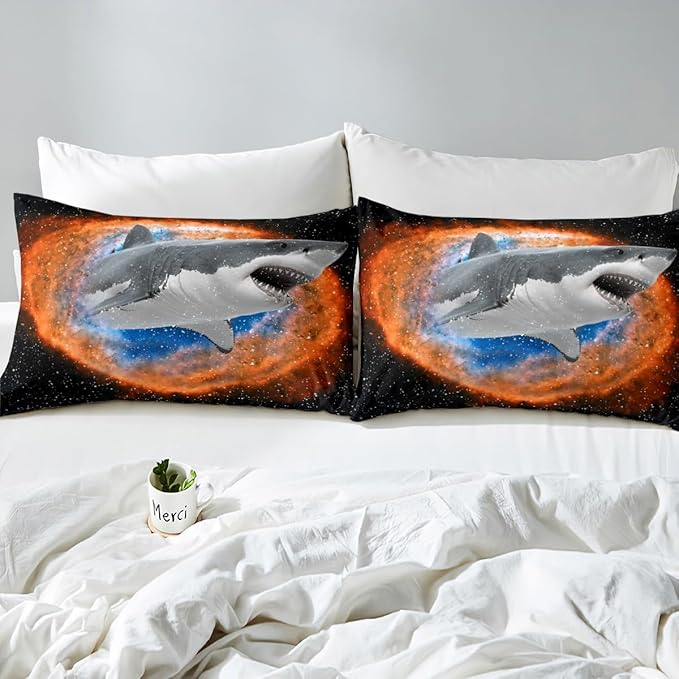 3D Shark Queen Duvet Cover,Starry Galaxy Nebula Comforter Cover 3pcs,Fierce Sea Creature with Sharp Teeth Bedding Set,Mystery Universe,No Comforter