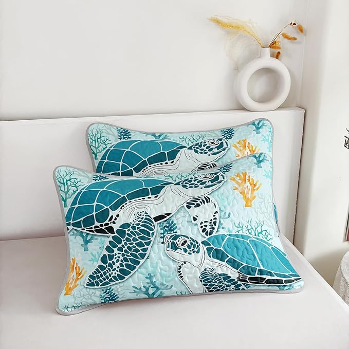 HOSIMA Sea Turtle Quilts Twin Size,Sea Turtle Print Lightweight Quilt,Different Corals Pattern Coastal Bedding for Teenage Girl Room Decor,Ocean Themed Bedding for Boys with 2 Pillowcases.