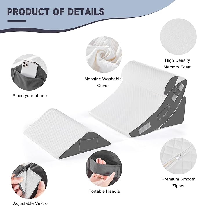 Yojoker 4PCS Orthopedic Bed Wedge Pillow Set for Sleeping, Post Surgery Foam Pillow for Body, Back and Leg Pain Relief, Triangle Adjustable Support Pillow - Acid Reflux Sleeping Pillows