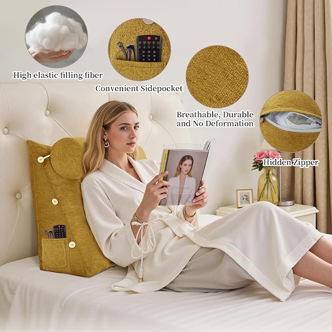 Bed Wedge Reading Pillow, Adjustable Reading Throw Cushion Triangular Pillow Wedge Couch Pillow for Lumbar Neck Back Support Pillow with Removable Linen Cover