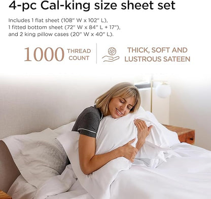 Threadmill Certified 100% American Supima Luxury Cotton Sheets California-King Sheets,1000 Thread Count Sateen Weave, 4 Pc Luxury Bed Sheets Set, Hotel White Sheet with Elasticized Deep Pocket