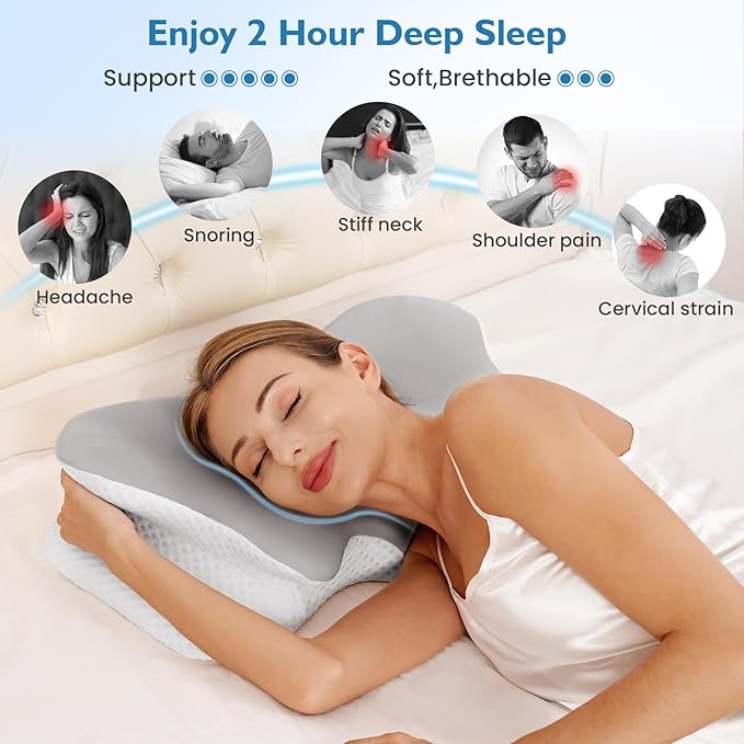 2PCS Cervical Pillow for Neck Pain Relief, Neck Pillow for Sleeping Side Sleeper Ergonomic Memory Foam Support Pillows Back Sleepers for Sleeping,Machine Washable Pillowcase Grey