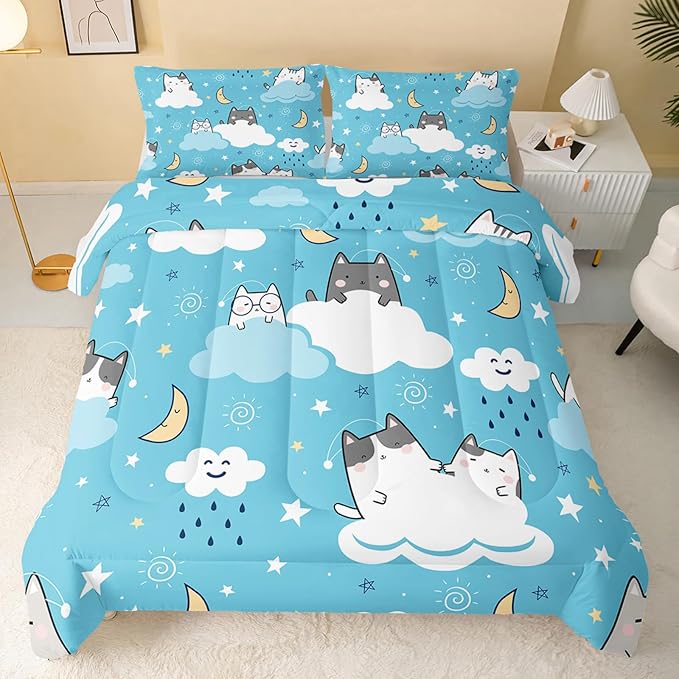 QOOMO Cat Comforter Full Size,Blue Cloud Cats Comforter Set for Kids Teens Girls Boys,3Pcs Bedding Set Printed Comforter with 2 Pillowcases,Down Alternative,Soft and Lightweight，Full Size