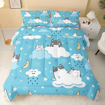 QOOMO Cat Comforter Queen Size, Blue Cloud Cats 3Pcs Bedding Set with 2 Pillowcases, Down Alternative, Soft and Lightweight