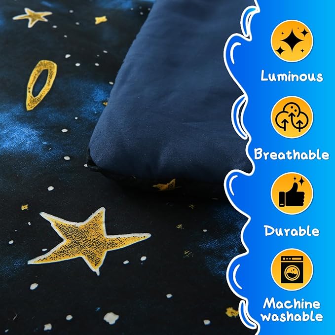 Glow in The Dark Kids Comforter Set， 4 Pieces Blue Space Bedding Set Full Size for Boys Girls Teen, 1 Comforter, 1 Pillowcase, 2 Pillow Shams