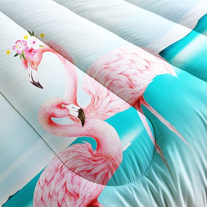 HOSIMA Ocean Beach Comforter Set,Fashion Flamingo Bedding Summer Seaside Nature Scenery Vacation Style Room Decor,Tropical Plants Palm Leaves Comforter Full Size for Boys Women Girls Teens.