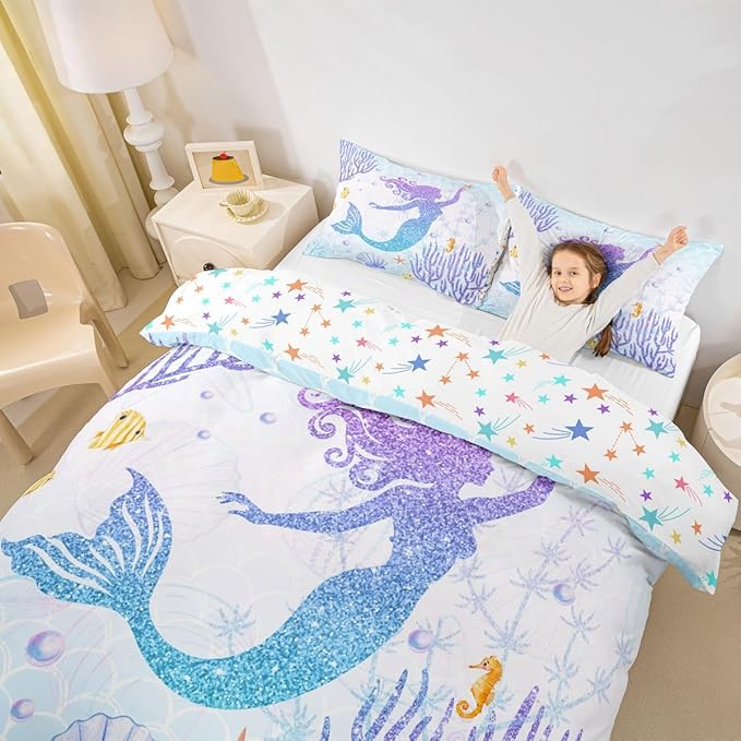 Castle Fairy Mermaid Duvet Cover Set Twin Size Rainbow Watercolor Glitter Bedding Set for Kids Girls Women Teens Room Decor, Mermaid Fish Scale Comforter Cover Ocean Coral Shell Quilt Cover 2pcs