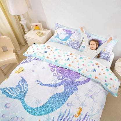 Castle Fairy Mermaid Duvet Cover Set Twin Size Rainbow Watercolor Glitter Bedding Set for Kids Girls Women Teens Room Decor, Mermaid Fish Scale Comforter Cover Ocean Coral Shell Quilt Cover 2pcs