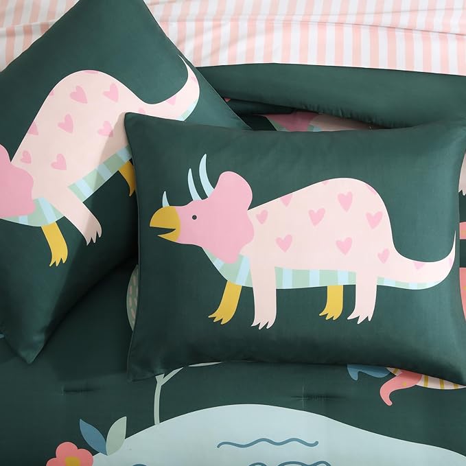 Full Size Comforter Sets for Girls, Dinosaur Kids Bedding Set with Cute Floral, All Season Boys Teen Bed in a Bag 7 Pieces with Sheets, Pillowcases & Shams