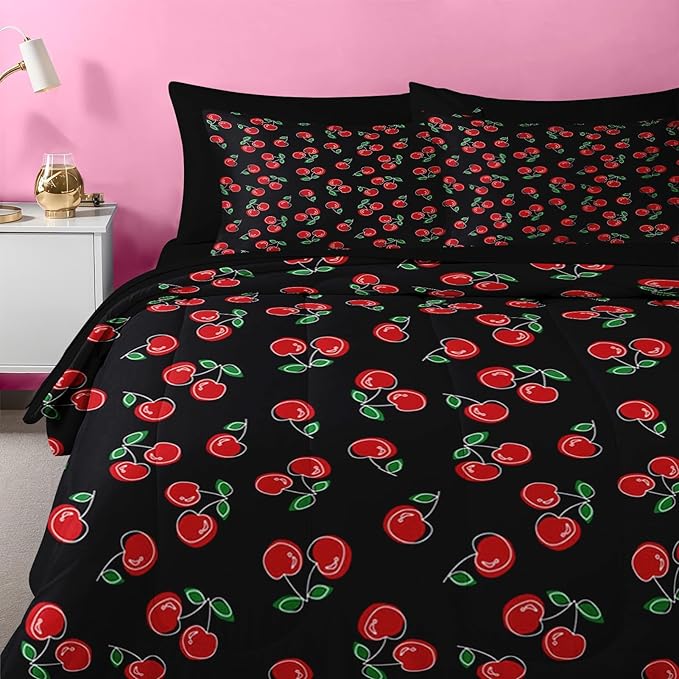 Nesker 7 Pcs Comforter Set Full Size, Retro Red Black Bedding for Kids Teen, Cherry Fruit Bed Sheet with Pillowcase & Sham