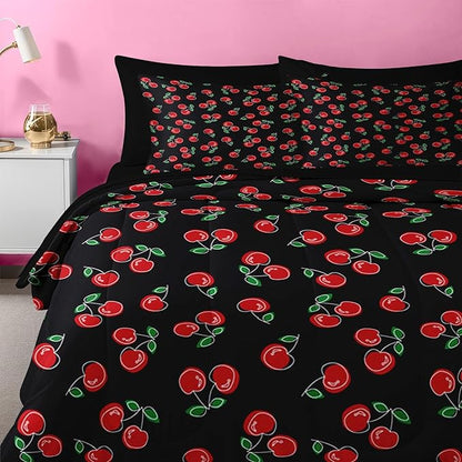 Nesker 5 Pcs Comforter Set Twin Size, Retro Red Black Bedding for Kids Teen, Cherry Fruit Bed Sheet with Pillowcase & Sham