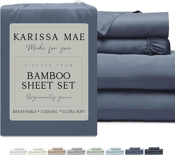 KARISSA MAE Cooling Bamboo Viscose Queen Size Sheet Set | 100% Organically Grown | 18” Deep Pocket | Silky, Soft, & Hypoallergenic | with Organizer Band & Elastic Corner Straps [Slate Blue]