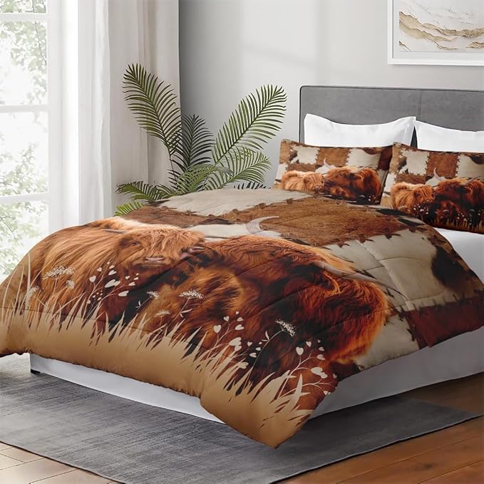 Twin Size Comforter Set with Pillowcase, Highland Cow Animal Bull Soft 2 Pcs Bedding for Kids and Adults, Farm Comforter Set for Room Bedroom Bed Decor