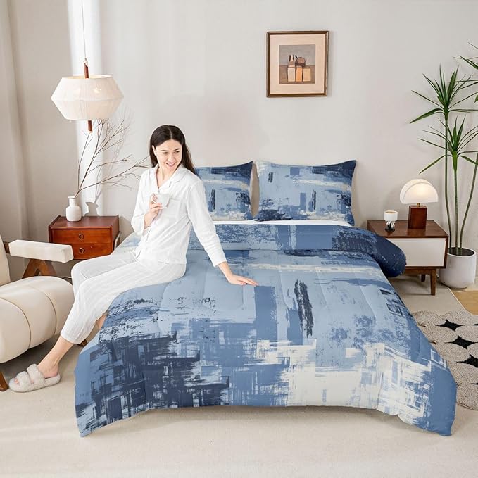 Feelyou Abstract Bedding Set Kids Modern Abstract Art Comforter Set Light Blue Black Comforter for Boys Room Decor Lightweight Duvet Set King Size with 2 Pillow Case